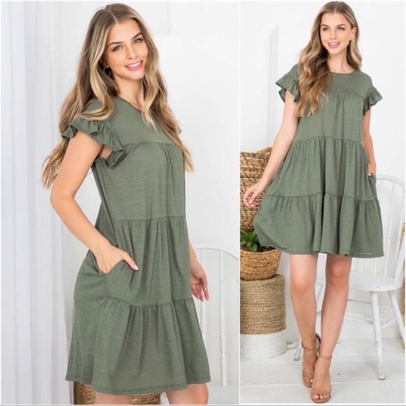 New Olive Green Ruffled Tiered Lightweight Women’s Spring/ Summer Dress - Picture 2 of 3